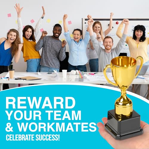 playbees fun gold plastic trophies - 3 pack - 7 inch - award trophy cup set for superstar kids - champion celebrations sports galore and victory vibes - desktop toy