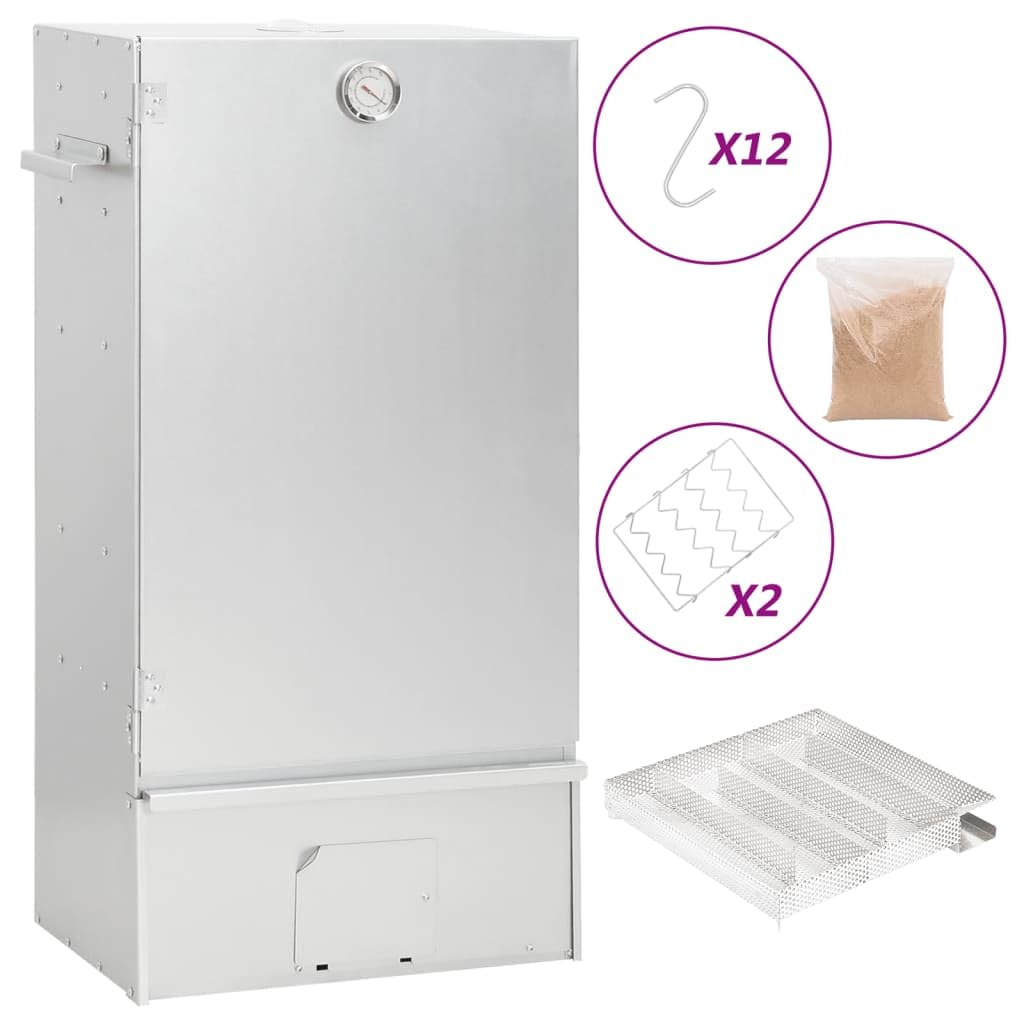Forno affumicatore con generatore di fumo freddo in acciaio zincato, affumicatore per esterni per pesce, carne e salsicce, con termometro, 44,5 x 29 x 83 cm