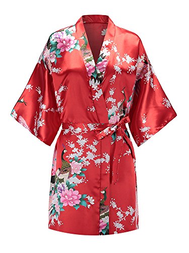 EPLAZA Women Peacock Satin Short Bridal Kimono Robe Bridesmaid Sleepwear Wedding Dressing Gown (red, 1)