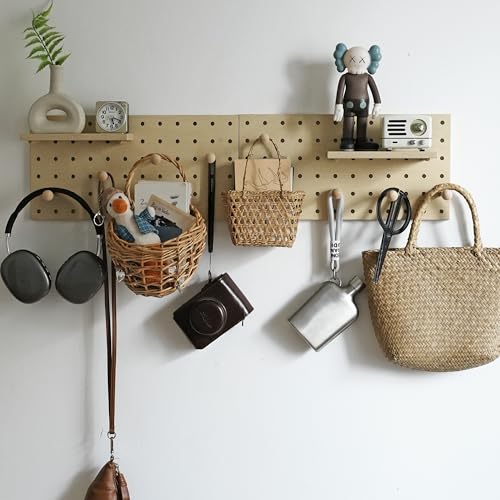 Image of Wooden Pegboard Modular Display Organization Storage Wall Hooks Shelf (Birch Colored Finish-B)