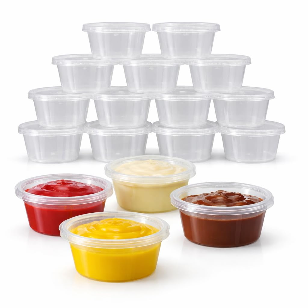 1Above Clear 100 X 2Oz Plastic Sauce Containers With Lids – Small Round Takeaway Pots For Dips, Sauces & Salad Dressings – Ideal For Catering & Food Delivery (2, Ounces)