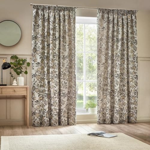 Wylder Tropics Pomegranate Floral Jacquard Pencil Pleat Curtains - 2 Panels - Width x Drop - 229 x 229cm (90 x (0") - Natural