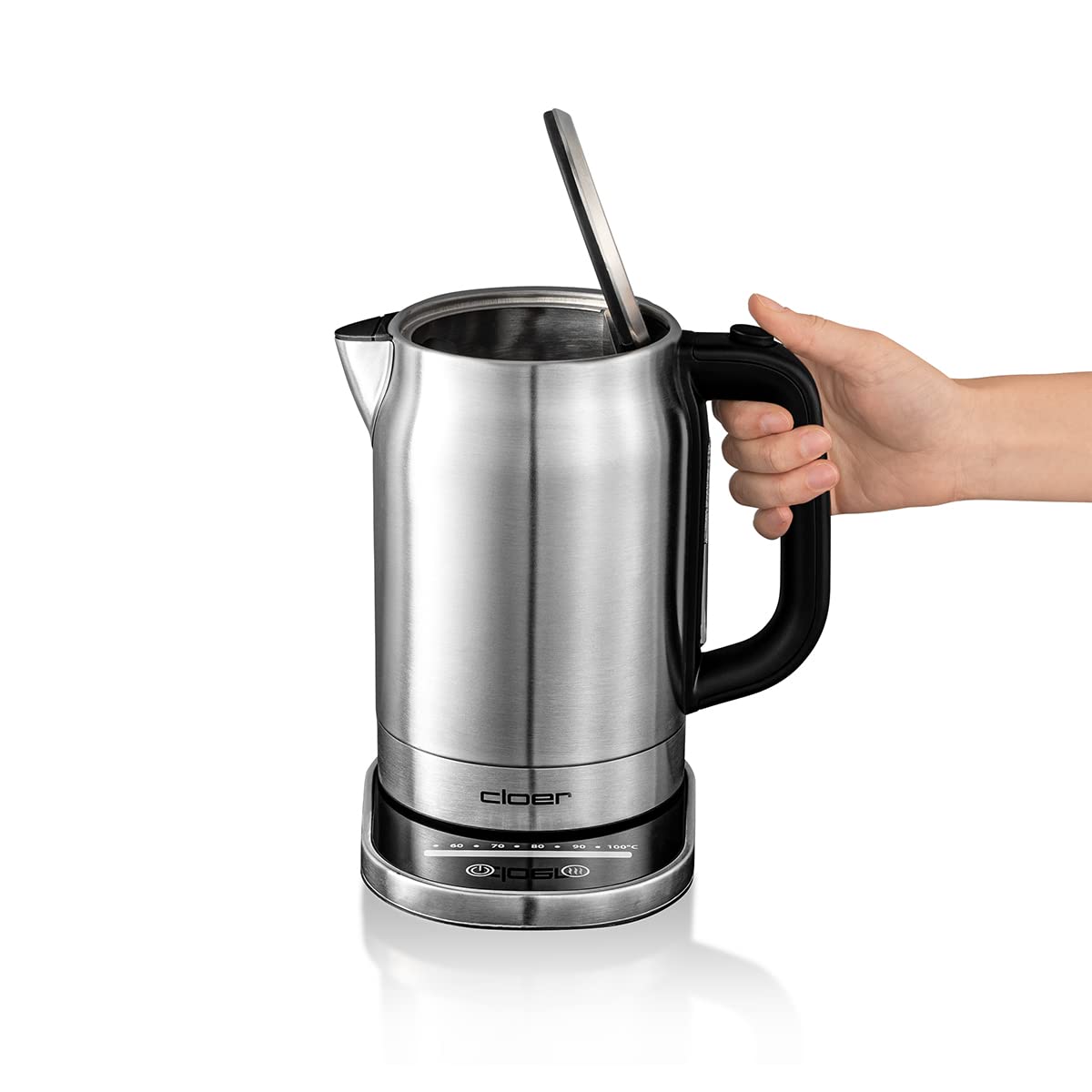 Cloer 4459 Hervidor de agua táctil, 2200 vatios, estación base con pantalla LED de superficie de vidrio, pantalla táctil con control de temperatura, 1,7 litros, acero inoxidable