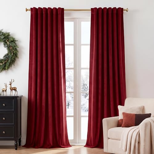 Image of Red Velvet Curtains Extra Long for Chrismas Decor, W52 x L132, 2 Pcs | 300GSM Soft Velvet Drapes, Room Darkening, Thermal Insulated, Home Theater Curtains, Luxury Decor for Bedroom, Living Room