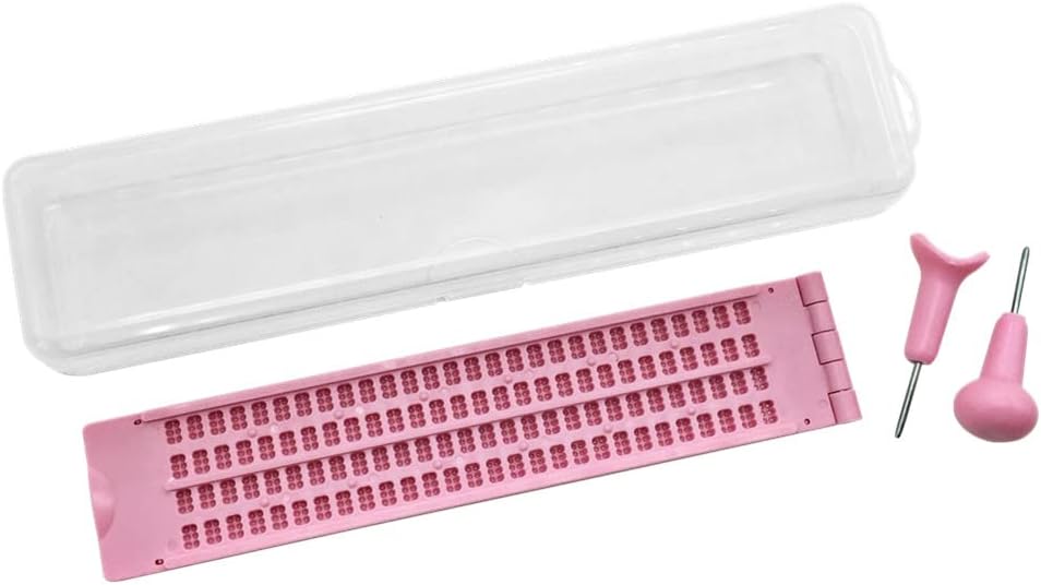 4 Lines 28 Cells Braille Writing Slate with 2 pcs Styluses, Braille Slate Kit with Plastic Box, Pink