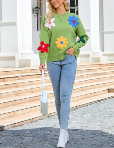 Image of Women Floral Sweater Casual Colorful Flower Knit Pullover Top