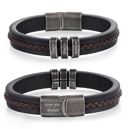 Personalized Bracelet for Men Custom Leather Braided Bangle Engraved Name Beads Fathers Day Jewelry Gifts for Dad Him Husband