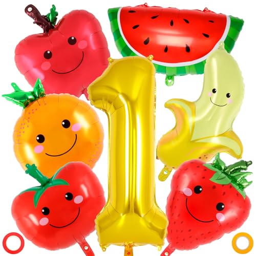 Image of AIQINHU Fruit Number 1Balloon, Apple Orange Watermelon Fruit Foil Balloons, 40 Inch Mylar Gold 1 Balloon For Fruit Summer First 1st Birthday Party Decorations Supplies