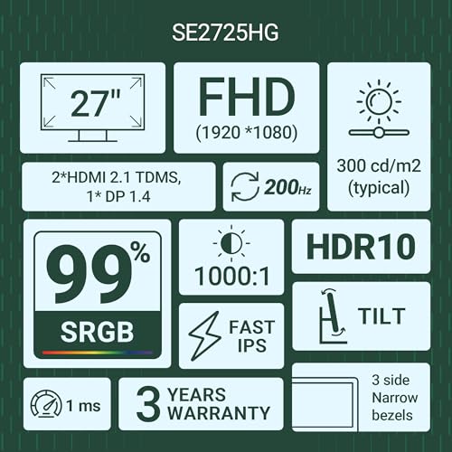 Image of Dell SE2725HG 27 inch FHD IPS Gaming Monitor, 200Hz Refresh, 3side narrow bezels, 1ms GtG, AMD FreeSync Premium, HDR 10, 300nits, 1000:1 Contrast, 99% Srgb, Tilt, 2*HDMI 2.1 TDMS(supports HDMI VRR),DP 1.4