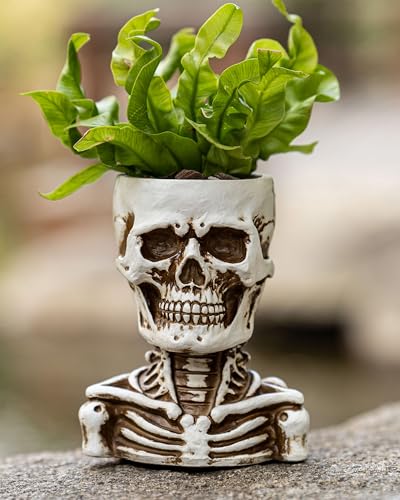 COMODID Unique Skull Decor Skeleton Planter Spooky Face Flower Pot with Drainage Hole Resin Skull Head Planter for Succulents Indoor Outdoor Gothic Halloween Home Decor Gift for Plant LoversWhite