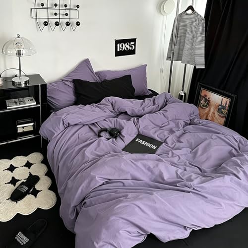 Image of mixinni Solid Purple Duvet Cover Set Queen Size - 100% Washed Cotton 3-Piece Minimalist Bedding Set, Ultra Soft Breathable Solid Color Purple Comforter Cover with Zipper & Corner Ties, Full Size