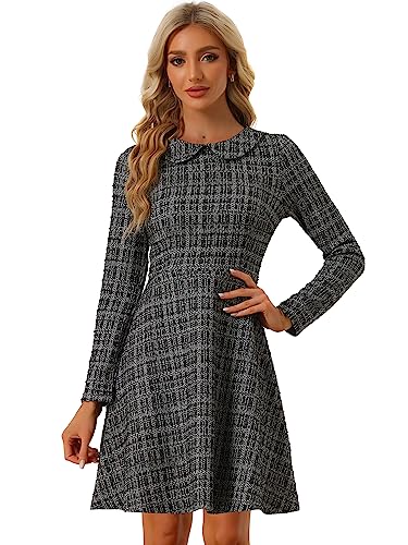 Allegra K Damen Vintage Tweed Kleid Kariert Gitter Bubikragen Langarm A-Linie Minikleid Schwarz S