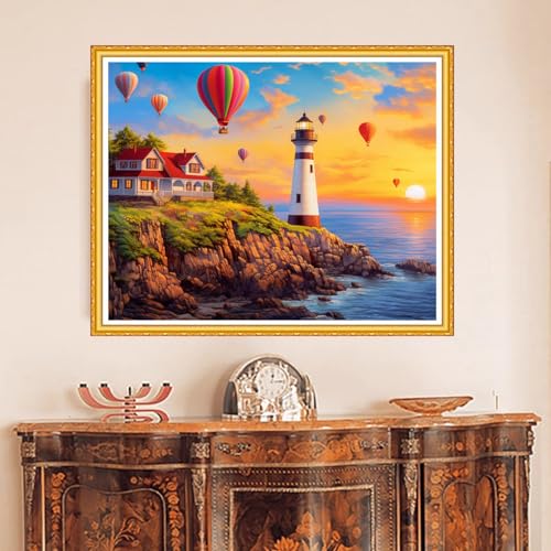Image of DMCVIVR Stamped Cross Stitch Kits for Beginners Adults Needlepoint Kits for Beginners Embroidery Kits for Adults Crossstitch Kit for Beginners 11CT-Seaside Lighthouse 16x20 inch