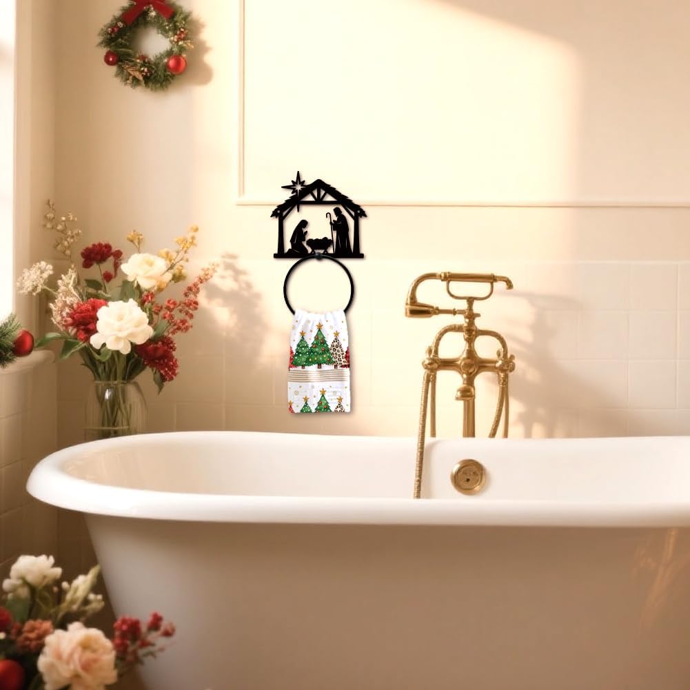 MAYJOYDIY Birth of Angel Metal Towel Ring, Angel Black Hand Towel Holder, Metal Nativity for Christmas Decorations Hanging Ring Wall Mounted Bathroom Accessories for Bathroom Kitchen Home Decoration