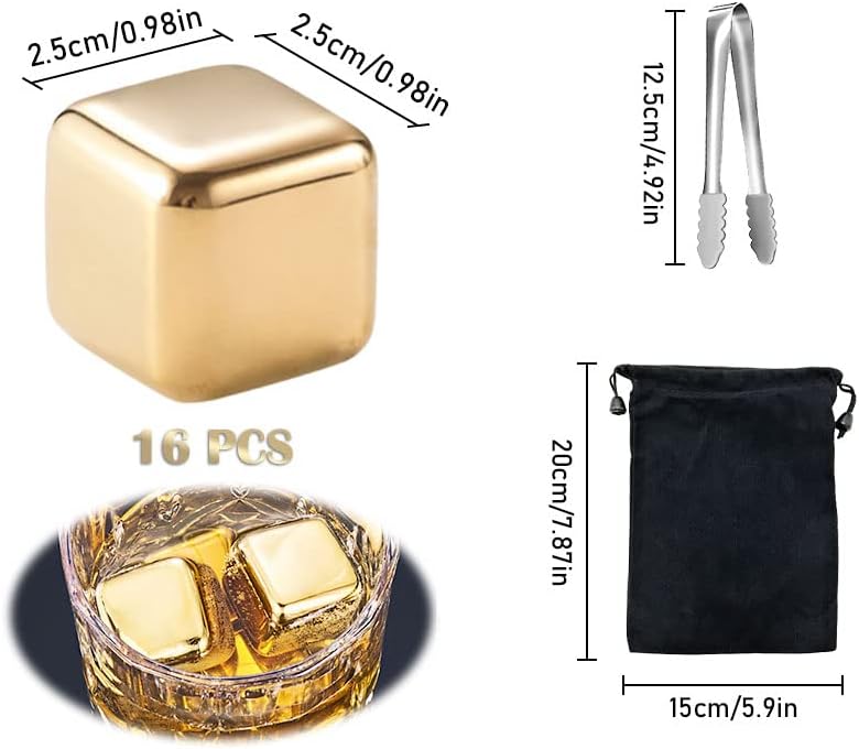 16 PCS Stainless Steel Whiskey Golden Ice Cubes,Gold Stainless Steel Whiskey Stones,Gold Stainless Steel Ice Cubes,for Whiskey,Wine Chiller,Beer,Vodka,Liqueurs,Drinks Cooler Set(Gold)