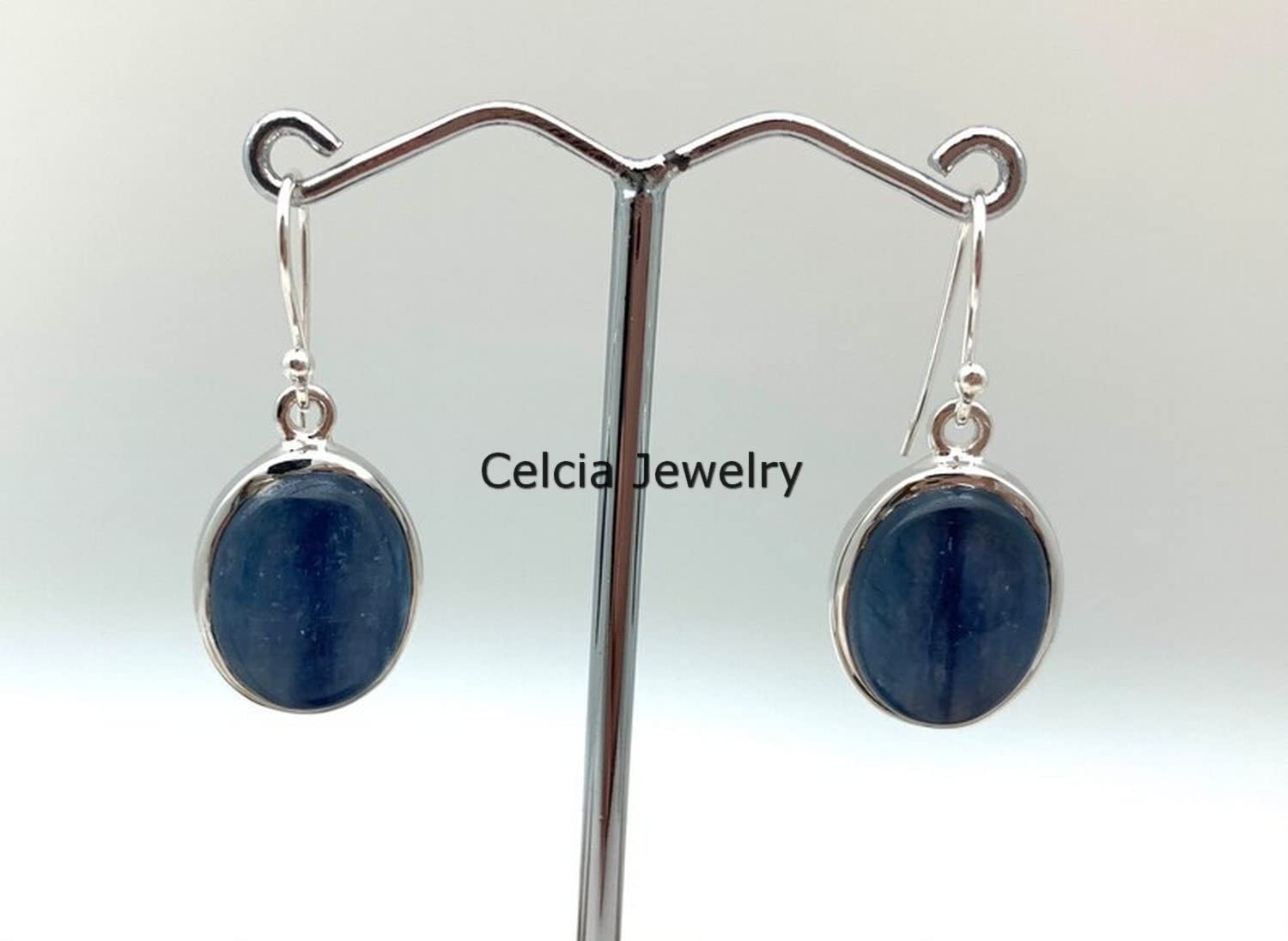 Pendientes colgantes de lágrima de plata de ley 925 auténtica para mujer, pendientes hechos a mano únicos de piedra preciosa azul ovalada de cianita natural para ella