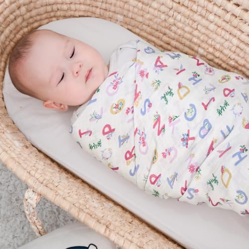 Image of david's kids 4 Pack Baby Muslin Swaddle Blankets, 100% Cotton and Ultra Soft Breathable Receiving Blanket Wrap for Girls, New Born Essentials, Large 47 x 47 inches, Letters