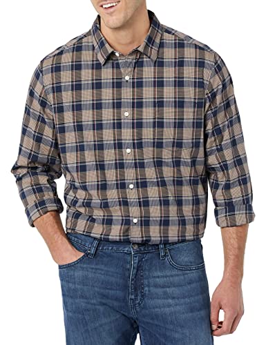 Amazon Essentials Men's Long-Sleeve Regular-Fit Stretch Poplin Shirt, Gold Navy Checked, Large