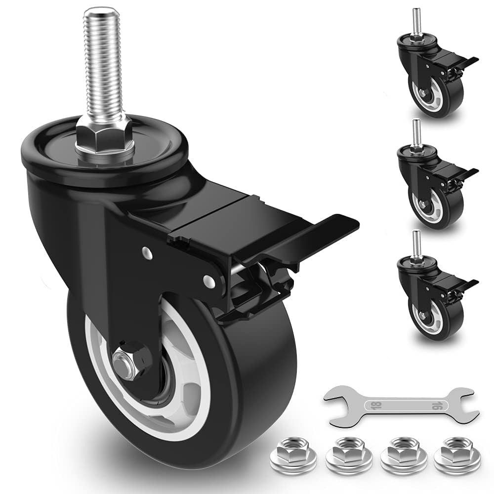 COOWOO 3" Stem Caster Wheels with Safety Dual Locking, 3/8" -16 x 1-1/2" Heavy Duty Threaded Stem Casters, No Noise Swivel Castors with Brakes, 250 Lbs Load Capacity Per Caster(Set of 4)