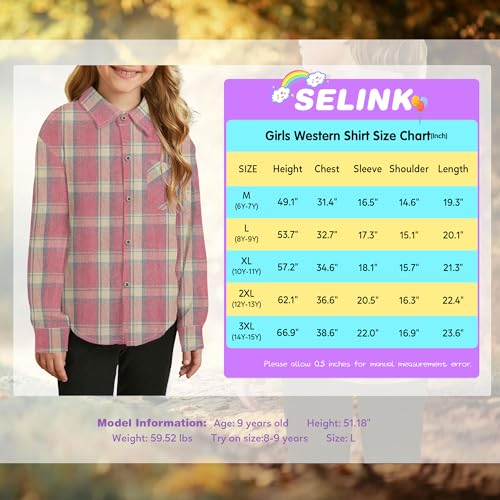 Image of SELINK Girls Long Sleeve Flannel Buffalo Plaid Button Down Shirt | Soft Flannel Fabric,Classic Buffalo Plaid Button Down Collared Blouse For Girls Casual Daily Outfits