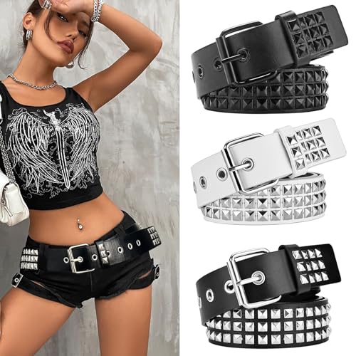 3 Pcs White Black Studded Belt Y2K Belt Gothic Punk Rock Belts with Grommet Threads Bright Metal Pyramid Cool Belts for Women Men3