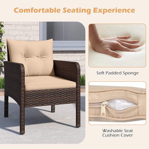Image of Tangkula 3 Pieces Patio PE Wicker Furniture Set, Outdoor Bistro Conversation Set with Cushions and Tempered Glass Coffee Table, Outside Rattan Table and Chairs for Porch (Beige)