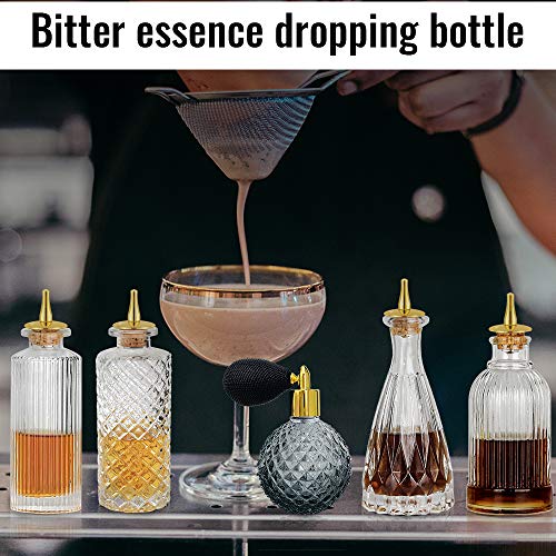 Bitters Bottle 5pcs Glass Dash Bottle Set for Cocktail Vermouth Sprayer Atomizer Gold Plated Zinc Alloy Dasher Top (5pcs)