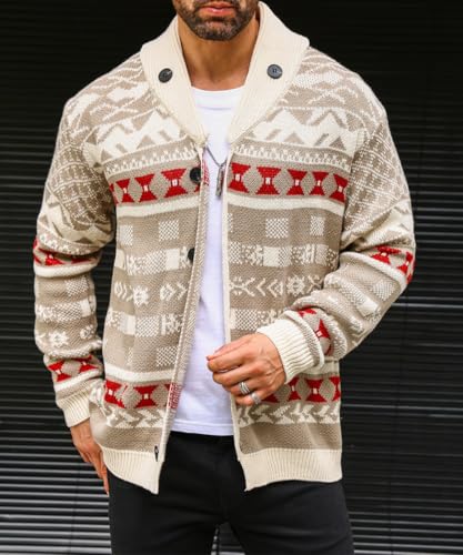 Men's Shawl Collar Cardigan Sweater Long Sleeve Button Down Cable Knit Jacquard Casual Lapel Sweater4