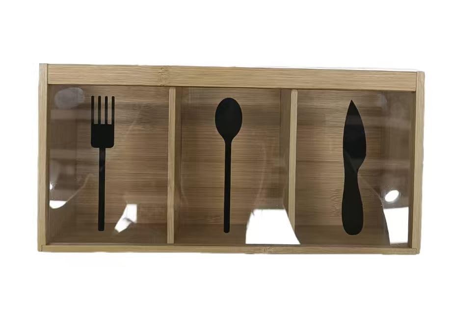 Orchid Wooden Cutlery Holder Organizer, Spoon Fork & Knife Storage Box with Transparent Panels, Bamboo Kitchen Utensil Stand for Dining Table & Countertop, Kitchen Cutlery Stand (OWR18005)