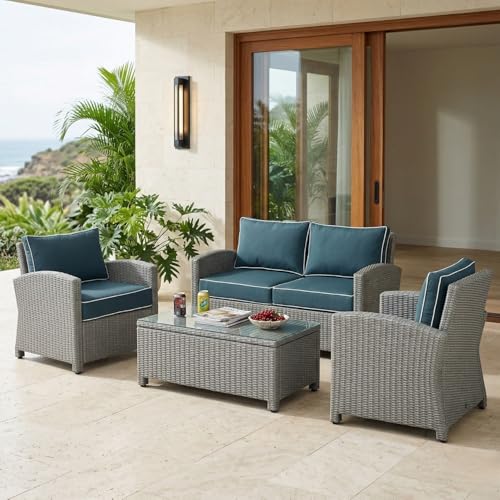 Image of DEVOKO 4 Pcs Patio Wicker Furniture 4 Seater Set Center Table Silver Rattan Chairs And Navy Blue Cushions Outdoor Furniture For Backyard,Garden,Blacony