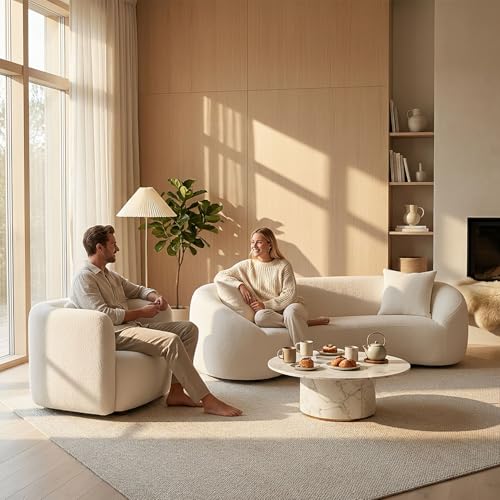 Image of Modern Sofa Set of 2 Piece Couch Set Upholstered Boucle Fabric 3-Seat Minimalist Curved Sofa and Oversized Sofas Chair Solid Wood Frame Tight Curved Back Cloud Couch and Chair Set for Living Room Home
