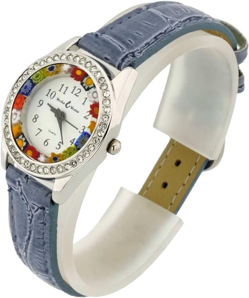 Glass Of Venice Murano Glass Watch Millefiori and Crystals with Leather Band - Light Blue