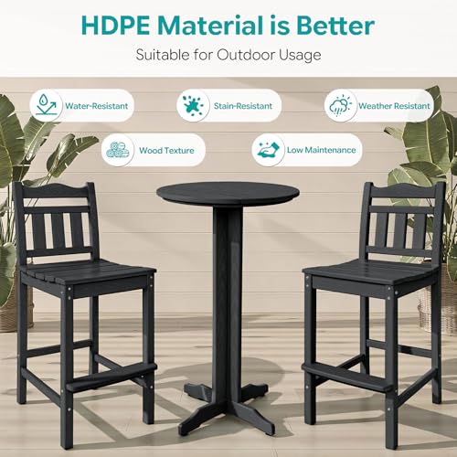 Image of Outdoor Bar Stools Set of 2, HDPE Tall Adirondack Bar Chairs 27.5 Inch Seat Height w /Backrest, All Weather Patio Bar Height Chairs for Bistro Balcony Deck Poolside (Black)