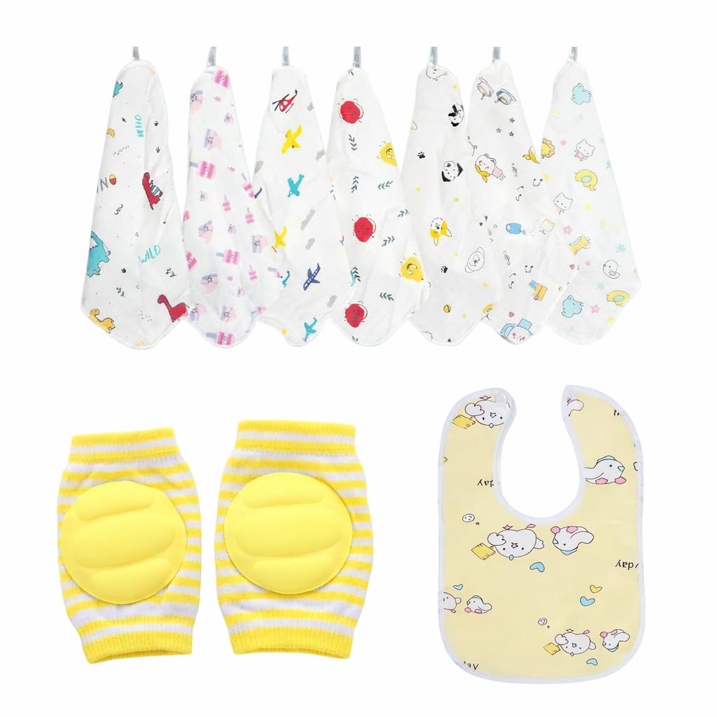KALRA MAGIC Premium Cotton Baby Care Combo | 6 Washcloth Hankies, Knee Pad, Bib & Crawling Safety Protector Cap | Soft, Safe & Comfortable Set for 6–12 Months Babies-image-18
