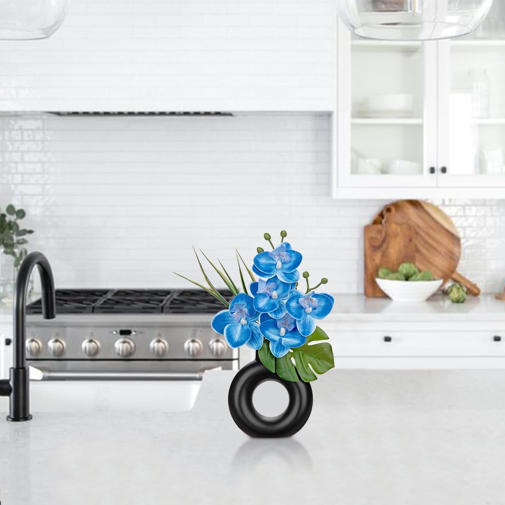 Oairse 2PCS Small Blue Orchid Artificial Flowers in Black Ceramic Pot Silk Flower Floral Arrangement Fake Orchid Plant for Home Office Dining Room Shelf Table Centerpiece Decoration - Image 4