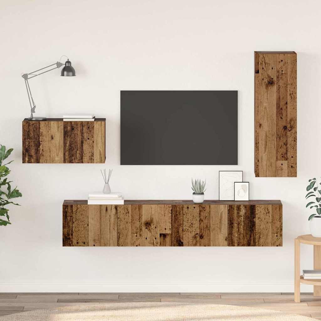 4-częściowy zestaw szafek pod telewizor, stare drewno, 30,5 x 30 x 90 cm, materiał drewnopochodny, wisząca, nowoczesny design, konsola do salonu, oszczędność miejsca