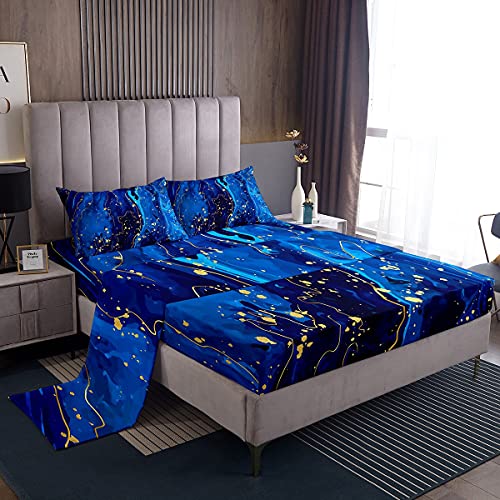 Loussiesd Marble Bed Sheet Set Navy Blue Marble Sheets 100% Microfiber Super Soft Lightweight Deep Pockets 1 Fitted Sheet