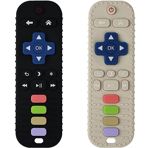 Image of AIZIXIN 2 Pack Soft Silicone Baby Teething Toys,TV Remote Control Teething Toys for Babies 3-24 Months, BPA Free Baby Teethers Relief Soothe Toys, Baby Chew Toys for Toddlers Boy Girl(Beige&Black)