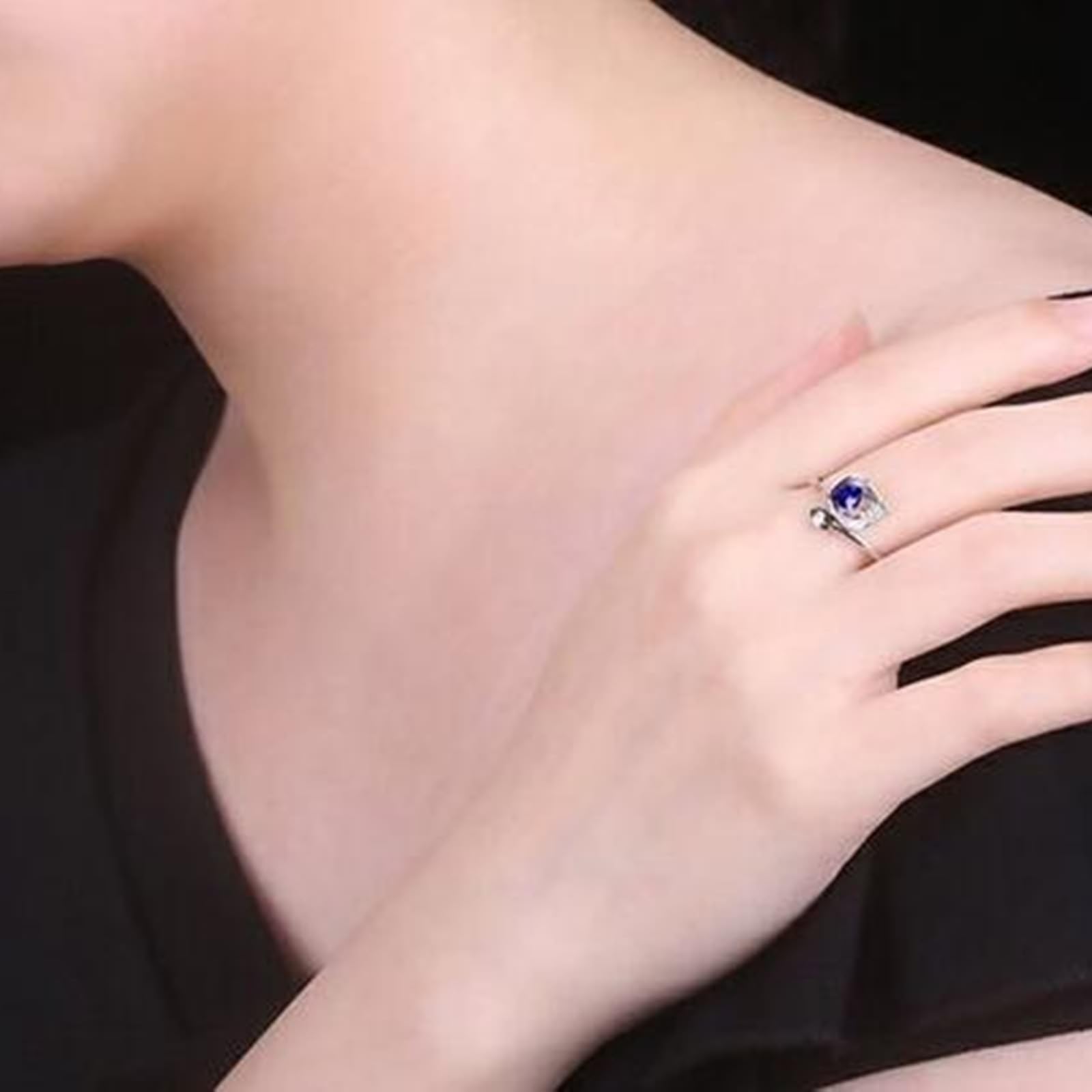 Anello eternità in oro bianco 18 carati con zaffiro blu e pera, anello di coppia con zaffiro blu da 0,7 carati e diamante, misura 13 (16,9), 53 (16,9), metallo prezioso, zaffiro, 53 (16.9), Metallo,