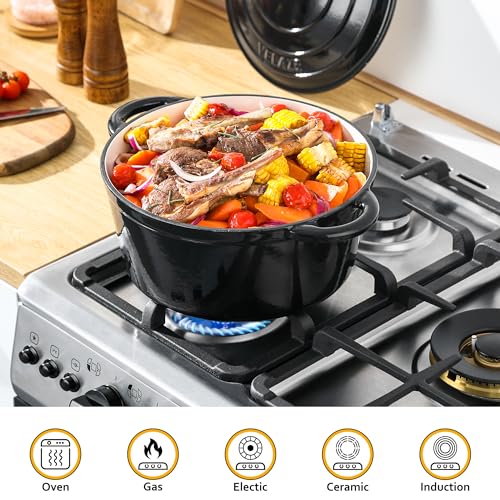 Image of Velaze 7.5 QT Enameled Cast Iron Dutch Oven Pot with Lid,Black