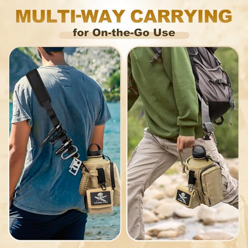 Image of Half Gallon Water Bottle with Straw - 64 oz Stainless Steel Insulated Water Jug, Sport Bottle with 3 BPA Free Lids, Paracord Handle, Strap, Molle System for Outdoor Gym Hiking - Khaki