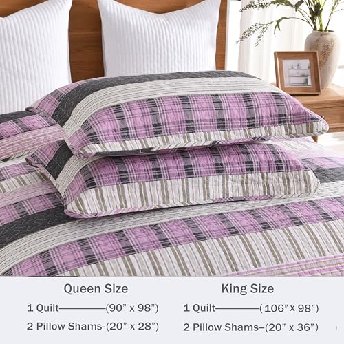 Image of Homzard 100% Cotton King Quilt Bedding Set, Pink Black Striped Plaid King Size Quilt,Lightweight Breathable Vintage Bedspread Set,Reversible Comforter Coverlet Four Season 3 Pieces Bed Set | Oeko-Tex Certified
