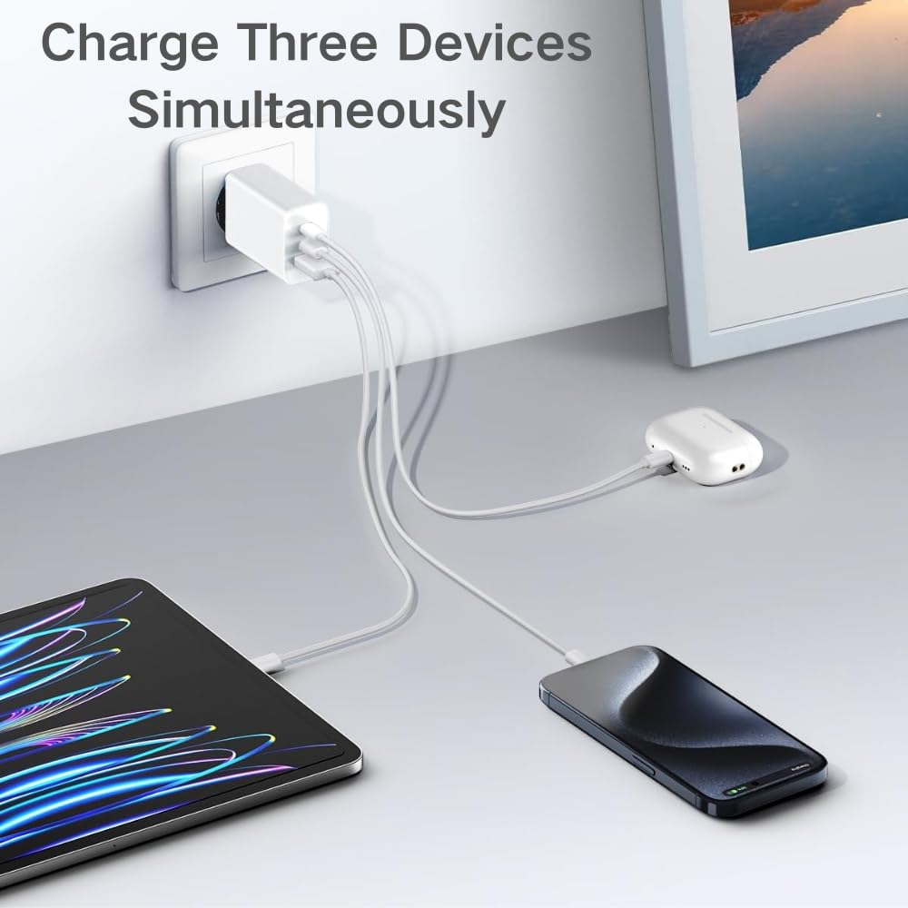 Caricatore rapido 65 W USB C – 3 porte caricabatterie con 2 x USB-C e 1 x USB-A, spina europea bianca, caricabatterie compatto per iPhone 17/16e/15/14/13/12/11, Samsung Galaxy, iPad – per casa e in