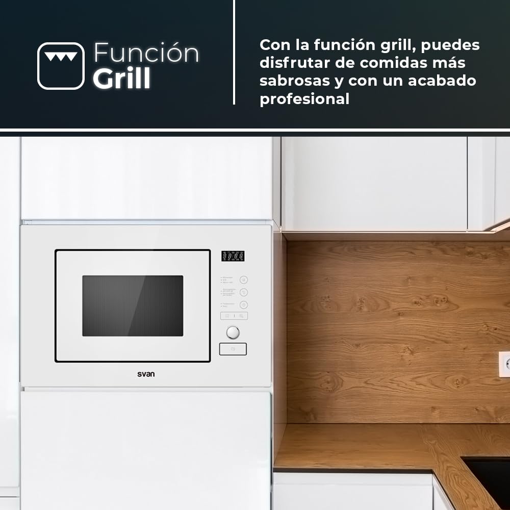 Svan Microondas 20 Litros Integrable con Grill Blanco SMWI2800DGB. 800W, Grill 1000W, 8 Programas, Modo Descongelación, Revestimiento Interior, Fácil Limpieza, Temporizador 95min.