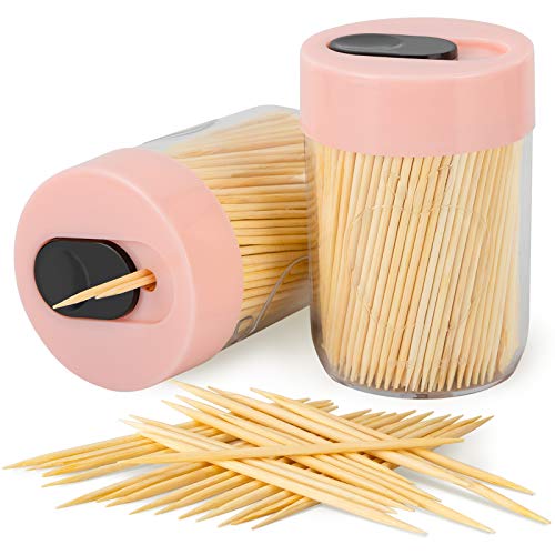Image of Urbanstrive Sturdy Safe Toothpick Holder with Natural Wood Toothpicks for Teeth Cleaning, Unique Home Design Decoration, Unusual Gift (2, Pink)