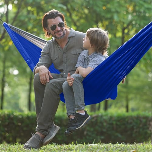 Image of Camping Hammock with Net,Portable Lightweight Double Hammocks with Tree Straps and Solid D-Shape Carabiners,Parachute Nylon Hammock for Backpacking Beach Backyard Patio Hiking Blue&Grey