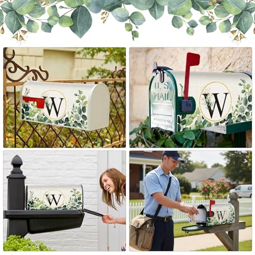 Image of Tiamon Monogrammed W Mailbox Covers Magnetic Eucalyptus Welcome Letter Box Wrap Standard Size 21x18 Inch Spring Summer Leaves Mailbox Decor Eucalyptus Letter Numbers Decoration for Outdoor Garden Yard