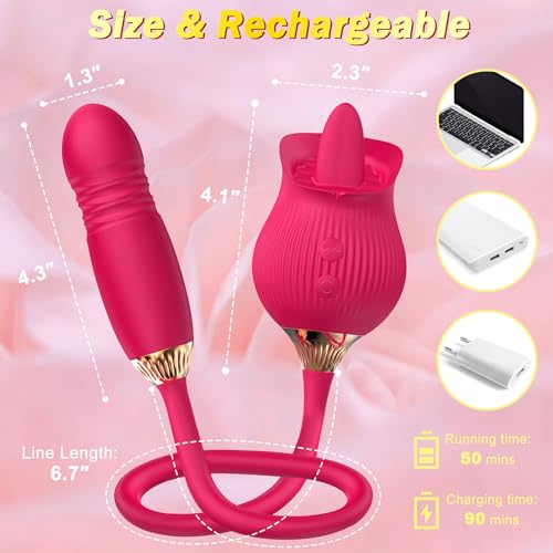 QINMIJIA Rose Sex Toy Thrusting Dildo Tongue Vibrator for Women, G Spot Clitoral Stimulator with 12 Tongue Licking & Vibrating for Anal Nipple Pleasure, Double Dildo Adult Toys for Female & Couples - Image 6