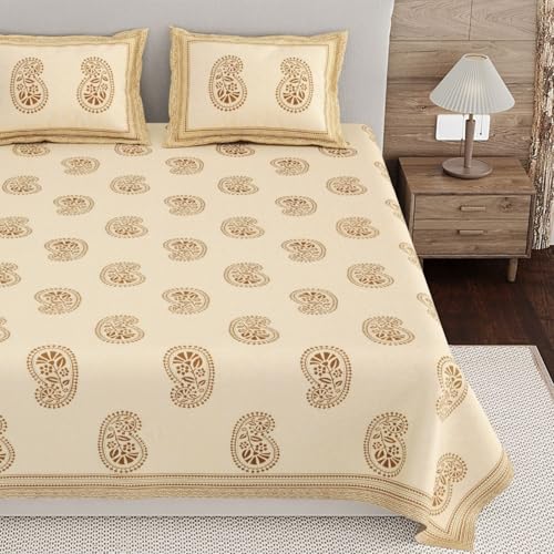 Image of Living Roots Ethnic Jaipur Block Print Double Cotton Bedsheet & 2 Pillow Covers, for Mattress Upto 6 inches Thick, No Colour Bleeding, Coffee Colour, King Size 90 * 108 inches, 120TC (602-C)