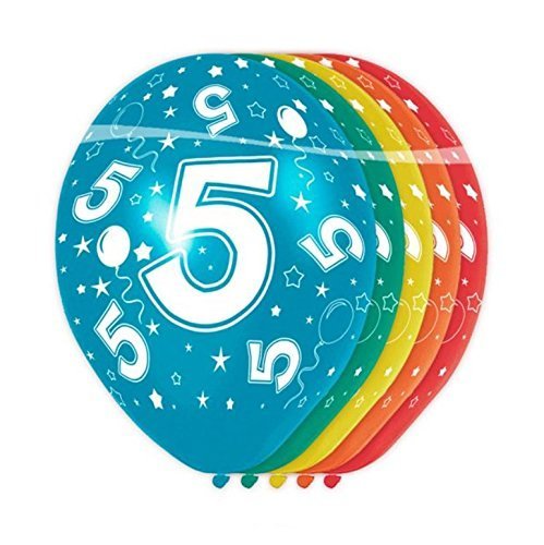 Folat - 5 Año Helio Adecuado Metálico Globos para Fiesta Decoración - Multicolor - 12In/30cm - 5 Piezas